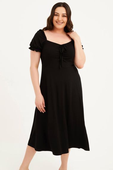 Сукня з квадратним вирізом і розрізами великих розмірів, з еластичної тканини, чорна, зручний крій, середня товщина - фото 4