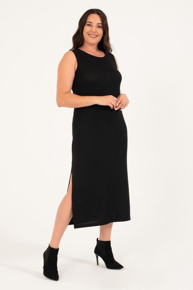 Платье трикотажное большого размера, черное, облегающее, без рукавов, из плотного вязаного материала с высоким содержанием полиэстера - фото 2