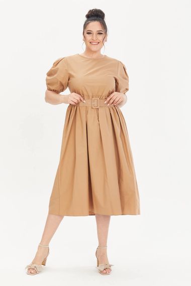 Сукня з поясом з попліну для великих розмірів, стильний балетний виріз, рукава типу «пачі», 100% бавовна, довжина 125 см, колір бежевий - фото 3