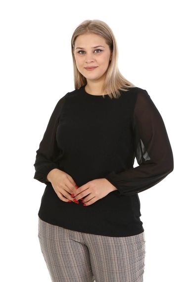 Блузка з шифону великого розміру з довгими рукавами, чорна, модель вільного крою, 95% поліестер, 5% еластан, довжина 69.5 см - фото 1
