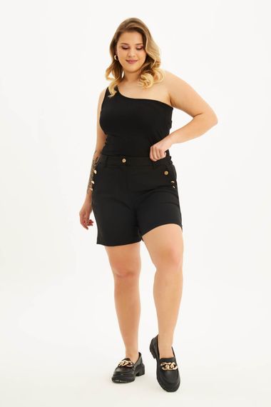 Шорты с металлической кнопкой и карманами, стильный черный цвет, идеальные для повседневного ношения и комфорта. - фото 1