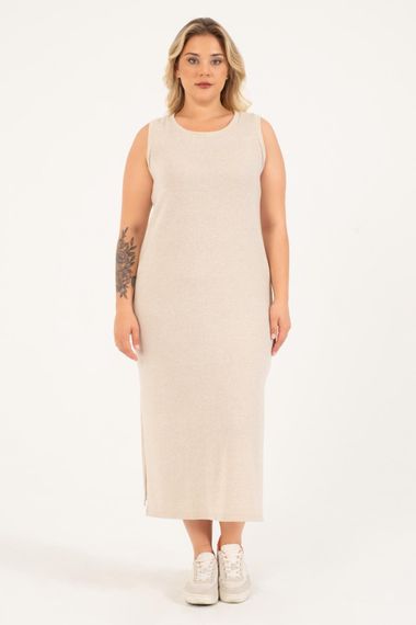 Платье трико большого размера, свободный крой, круглый вырез, без рукавов, длина 130 см, толщина, плотная трикотажная ткань, цвет бежевый - фото 4