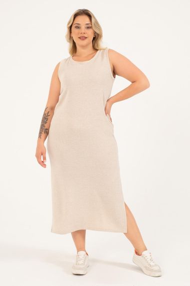 Платье трико большого размера, свободный крой, круглый вырез, без рукавов, длина 130 см, толщина, плотная трикотажная ткань, цвет бежевый - фото 2