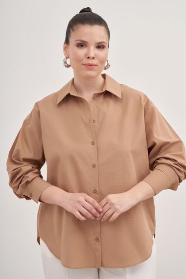 Оверсайз поплінова сорочка, 100% бавовна, довгий рукав, середня довжина, моделі 44-54, колір: верблюжий - фото 1