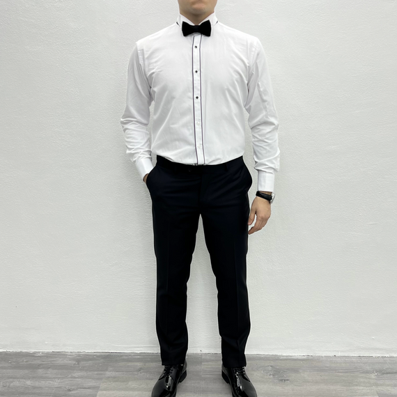 Мужская рубашка узкого кроя с зауженным воротником и запонками - белая - фото 2