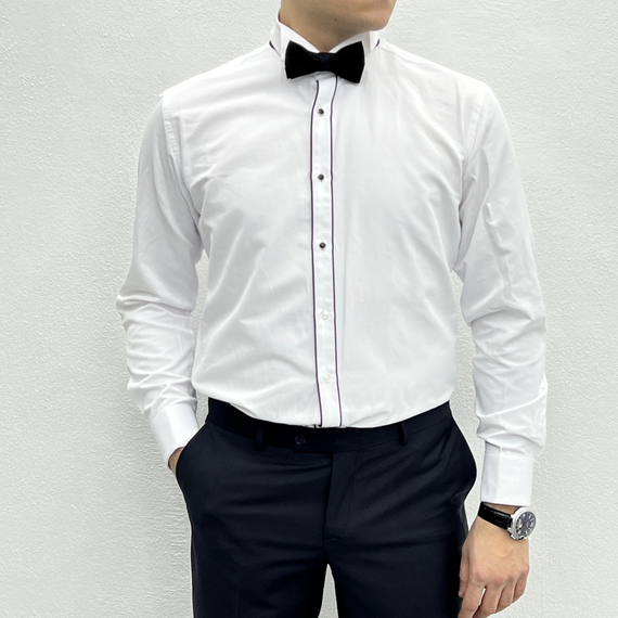 Мужская рубашка узкого кроя с зауженным воротником и запонками - белая - фото 3
