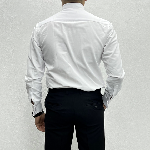 Мужская рубашка узкого кроя с зауженным воротником и запонками - белая - фото 4