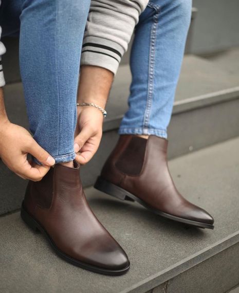 New Season Men's Eva Leather Sole Lace-Up Leather Leather Chelsea Boots-Brown - photo 4