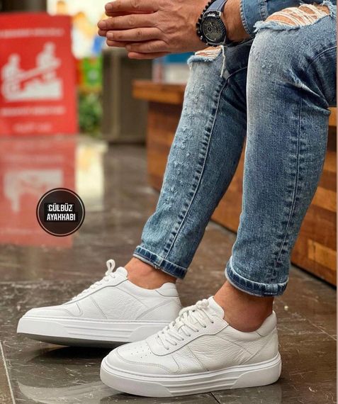 Erkek İçi Dışı Deri Eva Taban Sneakers Bağcıklı Spor Ayakkabı-Beyaz - fotoğraf 2