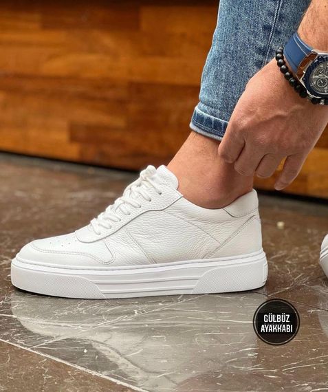 Erkek İçi Dışı Deri Eva Taban Sneakers Bağcıklı Spor Ayakkabı-Beyaz - fotoğraf 3