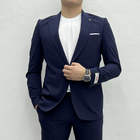 Men's Slim Fit Crinkle Fabric Sports Suit - Navy Blue - photo 1