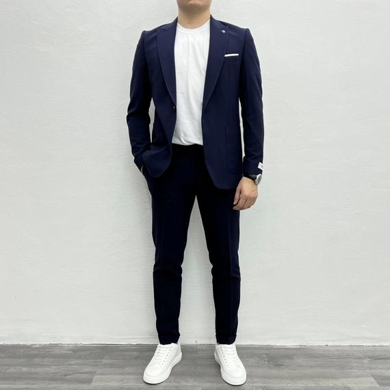 Men's Slim Fit Crinkle Fabric Sports Suit - Navy Blue - photo 2