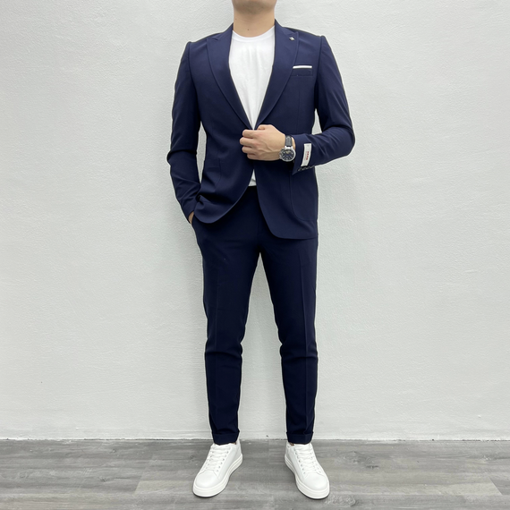 Men's Slim Fit Crinkle Fabric Sports Suit - Navy Blue - photo 3