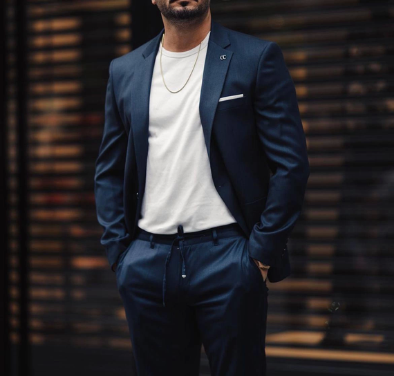 Мужской узкий спортивный костюм - тёмно-синий, подходит для размеров 46-56, материал: вискоза с полиамидом, только для сухой чистки - фото 3