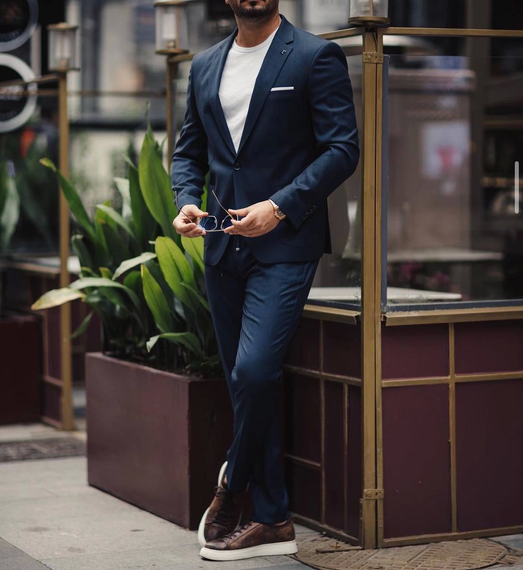 Мужской узкий спортивный костюм - тёмно-синий, подходит для размеров 46-56, материал: вискоза с полиамидом, только для сухой чистки - фото 2