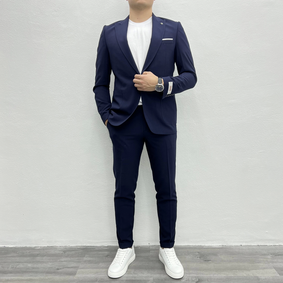 Men's Slim Fit Crinkle Fabric Sports Suit - Navy Blue - photo 5