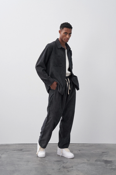 Erkek Owersize Salaş Kesim Fitilli KadifeTakım -Siyah - fotoğraf 3