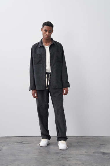 Erkek Owersize Salaş Kesim Fitilli KadifeTakım -Siyah - fotoğraf 4