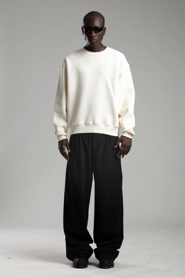 Erkek Owersize İçi Şardonlu Bisiklet Yaka Sweatshirt -Beyaz - fotoğraf 1