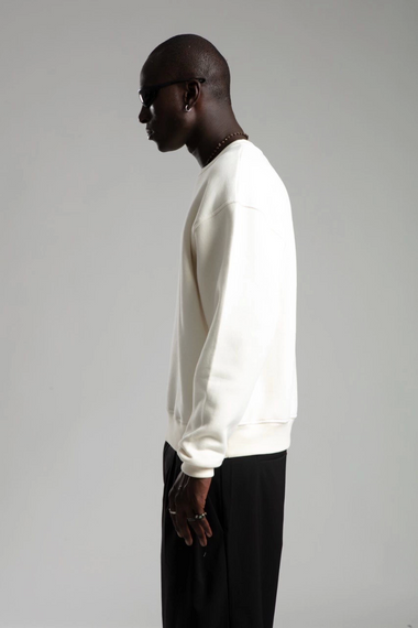 Erkek Owersize İçi Şardonlu Bisiklet Yaka Sweatshirt -Beyaz - fotoğraf 2