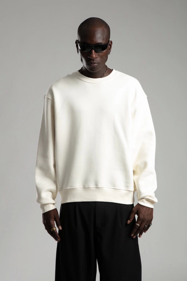 Erkek Owersize İçi Şardonlu Bisiklet Yaka Sweatshirt -Beyaz - fotoğraf 3