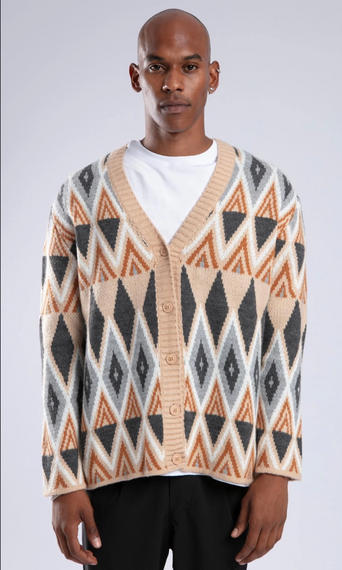 Erkek Owersize Kilim Desenli Yün Hırka -Kahve-Bej