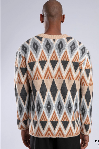 Erkek Owersize Kilim Desenli Yün Hırka -Kahve-Bej