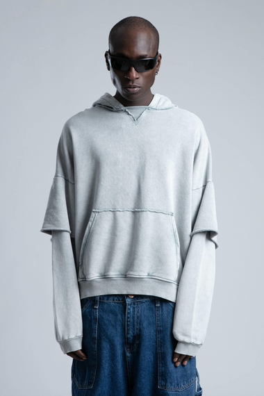 Owersize Kapüşonlu Yıkamalı Sweatshirt -Gri - fotoğraf 1