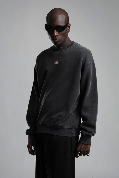 Erkek Owersize Kapüşonlu Yıkamalı Sweatshirt -Gri - fotoğraf 2