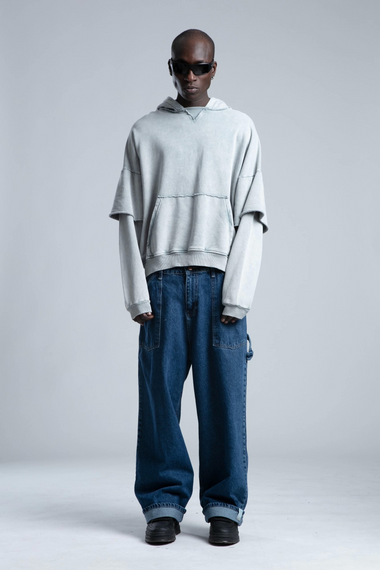 Owersize Kapüşonlu Yıkamalı Sweatshirt -Gri - fotoğraf 3