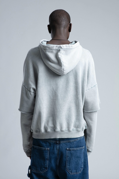 Owersize Kapüşonlu Yıkamalı Sweatshirt -Gri - fotoğraf 4