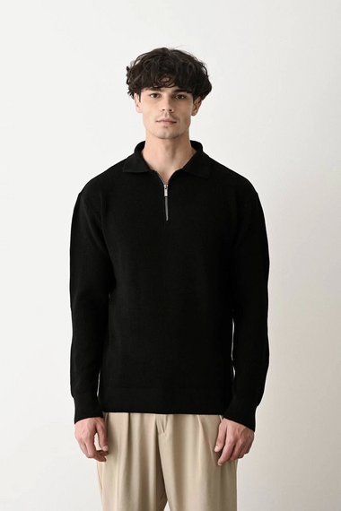 Erkek Polo Yaka Yakası Fermuarlı Uzun Kol Örme Triko - Siyah - photo 1