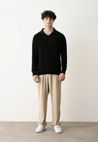 Erkek Polo Yaka Uzun Kol Örme Triko - Siyah - fotoğraf 2