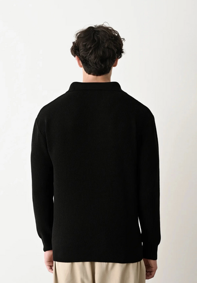 Erkek Polo Yaka Uzun Kol Örme Triko - Siyah - fotoğraf 3