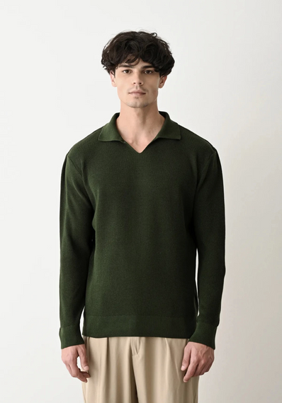 Мужская длиннорубашечная трикотажная футболка с воротником-поло - зеленая - фото 4