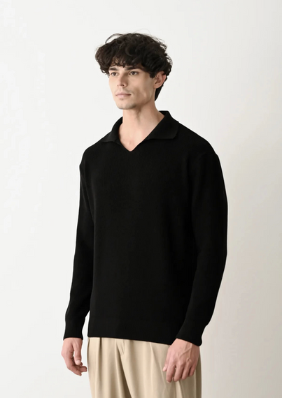 Erkek Polo Yaka Uzun Kol Örme Triko - Siyah - fotoğraf 4