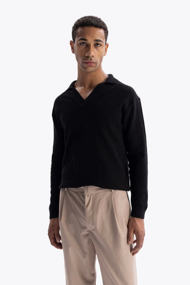 قميص بولو رجالي طويل الأكمام مصنوع من الكروشيه - أسود - صورة 4