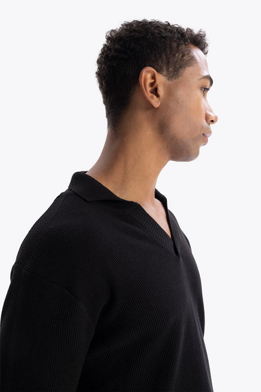 قميص بولو رجالي طويل الأكمام مصنوع من الكروشيه - أسود - صورة 5