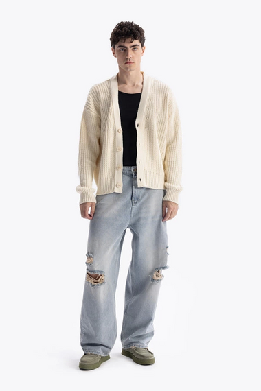 Erkek Owersize Yün V Yaka Hırka -Krem - fotoğraf 1