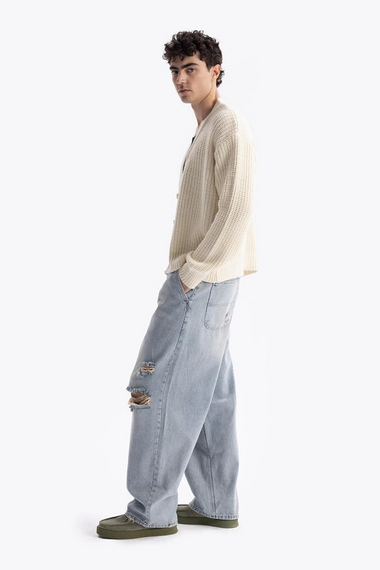 Erkek Owersize Yün V Yaka Hırka -Krem - fotoğraf 2