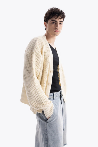 Erkek Owersize Yün V Yaka Hırka -Krem - fotoğraf 3