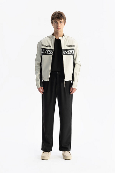 Erkek Owersize Deri Nakışlı Bomber Kolej Mont -Siyah-Bej - fotoğraf 1