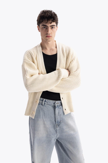 Erkek Owersize Yün V Yaka Hırka -Krem - fotoğraf 4