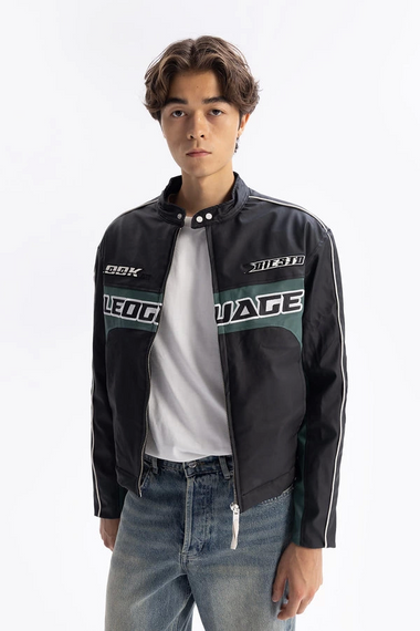 Мужской оверсайз бомбер из кожи с вышивкой - черный-зеленый, размеры S-XL, для роста 160-195 см, вес 60-95 кг - фото 4