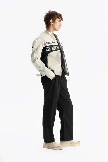 Erkek Owersize Deri Nakışlı Bomber Kolej Mont -Siyah-Bej - fotoğraf 3