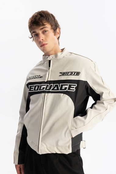 Erkek Owersize Deri Nakışlı Bomber Kolej Mont -Siyah-Bej - fotoğraf 5