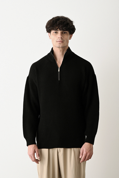 Erkek Hakim Yaka Owersıze Örme Triko - Siyah - صورة 1