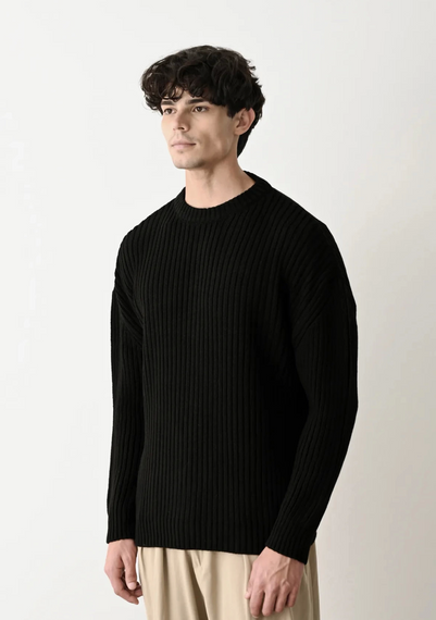 Erkek Bisiklet Yaka Owersıze Örme Triko - Siyah - photo 2