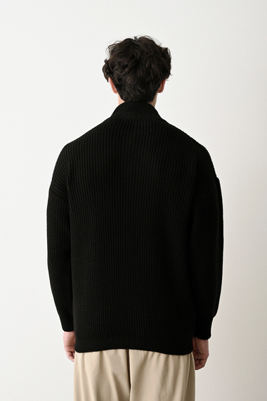 Erkek Hakim Yaka Owersıze Örme Triko - Siyah - صورة 2