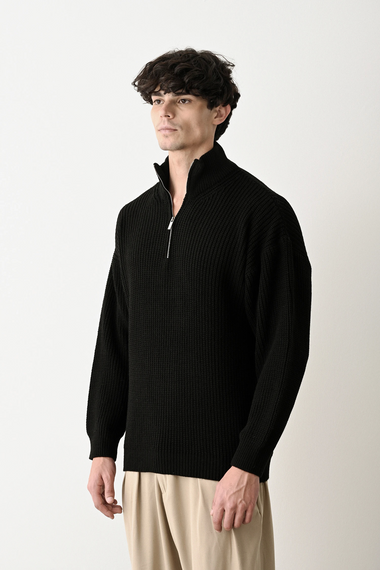 Erkek Hakim Yaka Owersıze Örme Triko - Siyah - صورة 3